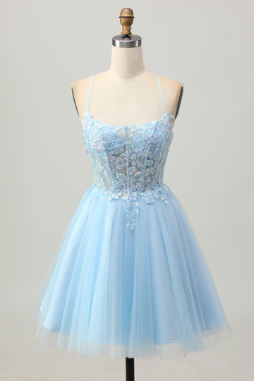A Line Light Blue Short Appliqued Corset Cocktail Dress